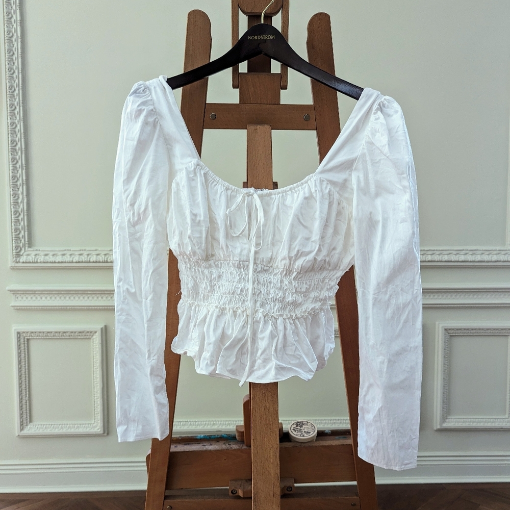 WAYF Smocked Peplum Peasant top White poplin